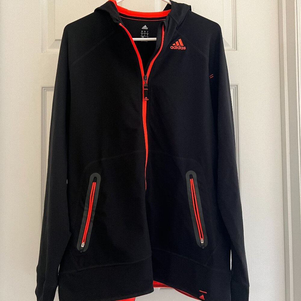 Adidas Size up hoodie jacket in size large black and bright orange red